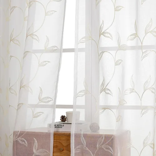 Vista 72 de VISIONTEX 2 paneles de cortinas traslúcidas de 63 in de largo, cortinas de gasa semitransparentes bordadas con hojas florales beige, bolsillo
