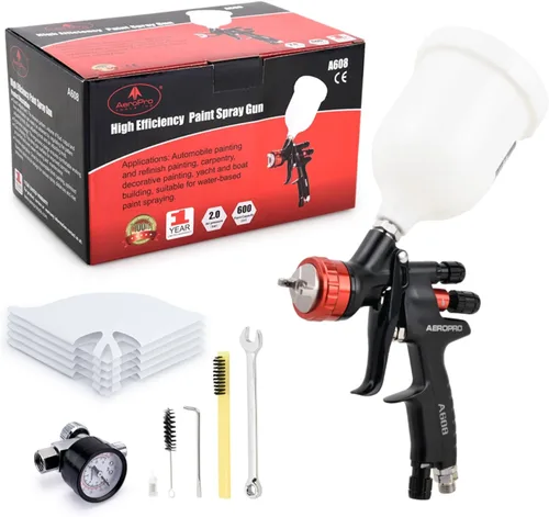 Vista 8 de AEROPRO Tools A608 HVLP - Kit de pistola pulverizadora de aire, boquilla de 1.3mm, regulador, 5 coladores de pintura, taza de 600cc, pistola