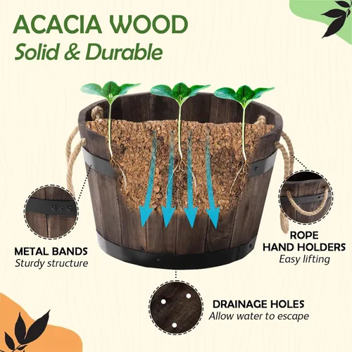 Vista 3 de Juego de 3 cajas de flores de madera para exteriores, macetas de barril de madera de acacia duraderas para plantas al aire libre con asas