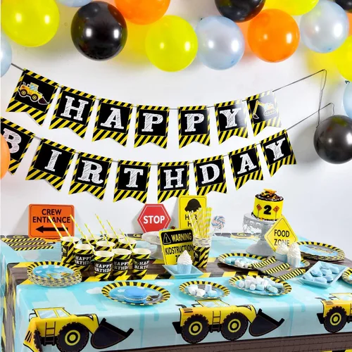Vista 7 de WERNNSAI Mantel de construcción: 1 paquete de 108 x 54 pulgadas para mesa de camión volquete Suministros de fiesta de cumpleaños con temática
