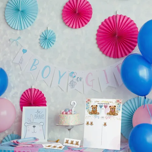 Vista 3 de Bear Reveal Games Tablero de votación con soporte, 60 calcomanías de oso para niños y niñas para invitados a fiestas, él o ella, juego