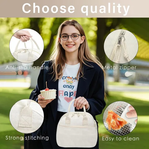 Vista 6 de Carry bloom Lonchera para mujer, lonchera aislada, bonita lonchera de pana reutilizable para el trabajo (1 rayas blancas y negras)