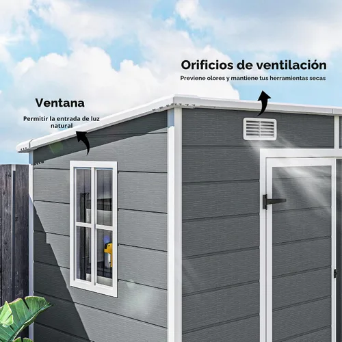 Vista 6 de Outsunny Cobertizo de almacenamiento para exteriores de 8 x 4 pies, cobertizo de plástico de resina impermeable con suelo, ventana, puertas