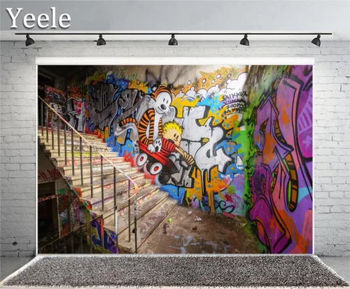 Vista 2 de Yeele Fondo de pared de graffiti urbano de 7 x 5 pies para fotos, dibujos animados retro de los años 80 y 90, estilo hiphop, fotografía de fondo