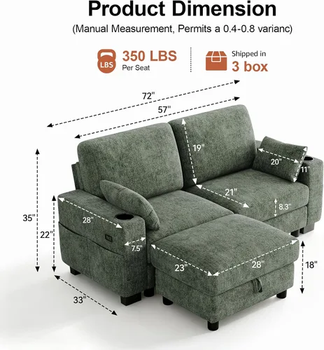 Vista 2 de Vipbear Sofá modular en forma de L de 72 pulgadas, cómodo sofá biplaza de felpilla de 2 plazas con otomana y almohadas móviles, sofá modular Verde