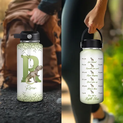 Vista 4 de Hyturtle Botella de agua personalizada de dinosaurio, botella de acero inoxidable aislada de viaje con tapa a prueba de fugas, 18 onzas, 32 onzas