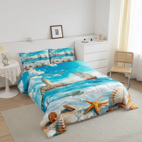 Vista 5 de Castle Fairy Juego de edredón de verano para niños, tamaño individual, diseño náutico reversible con diseño náutico de estrellas de mar, barco y Azul