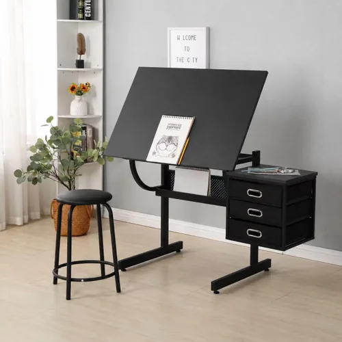 Vista 12 de Mesa de dibujo ajustable con 2 cajones y taburete, para arte y Negro
