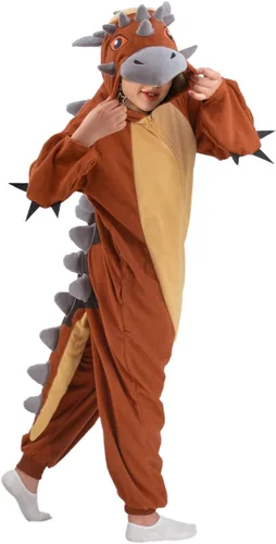 Vista 5 de ANACOSPLAYONE Disfraz de dinosaurio para adultos, disfraz de Halloween, Navidad, animales, pijama de una pieza para mujeres y hombres