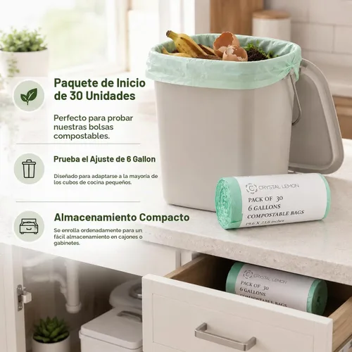 Vista 6 de 30 bolsas de basura compostables de 6 galones para residuos de alimentos