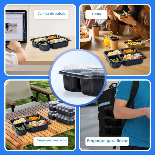 Vista 7 de YANGRUI Juego de 40 contenedores para preparar comida con tapa - 34 oz 4 compartimentos con sello cuádruple a prueba de fugas Contenedores