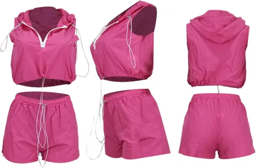 Vista 6 de Conjunto de 2 piezas para mujer, ligero, cortavientos, sin mangas, media cremallera, pantalones cortos con cordón