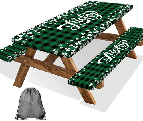 Vista 80 de Funda para Mesa de Picnic con Fundas para Bancos y Bolsa, Campista de Madera Impermeable Resistente al Viento, Cubierta de Mantel Ajustada con Borde