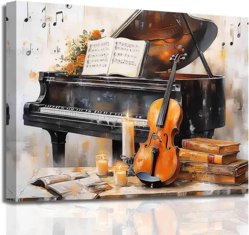 Vista 9 de BJYCHG Lienzo de piano para pared, estudio de música, decoración de habitación, instrumentos musicales, impresiones de imágenes retro abstractas