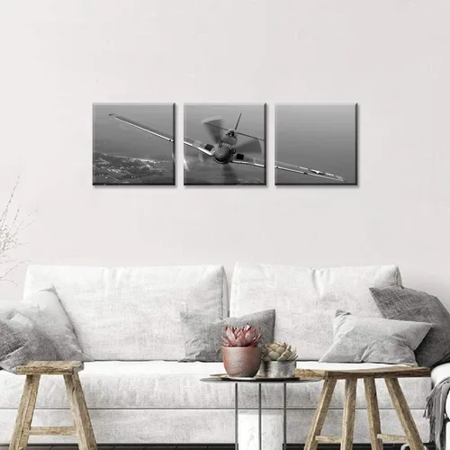 Vista 3 de 3 piezas de arte de pared en lienzo en blanco y negro vintage de la Segunda Guerra Mundial, aviones de combate militares, impresiones de fotografía