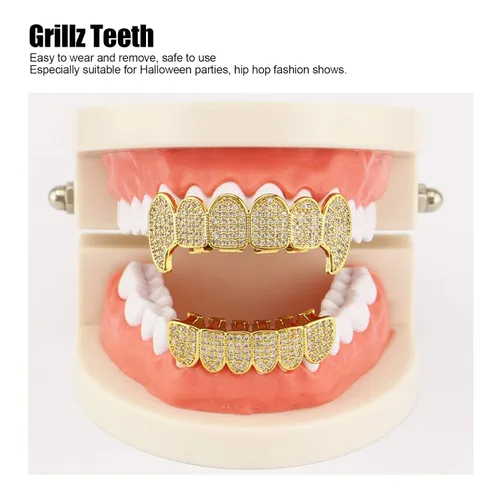 Vista 2 de Rejillas de dientes de cobre chapado en frío, oro plateado, dientes de diamante helados para hombres y mujeres rapero traje dientes joyería