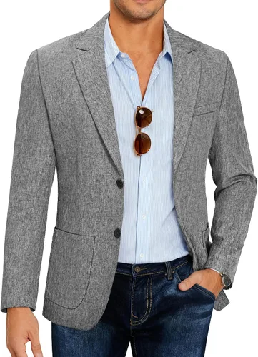 Vista 18 de COOFANDY Mens Blazer Casual Slim Fit Sport Coats Lightweight Sport Jacket Linen Textured Blazer, Two Button Suit Jacket, Patch Pockets, Plaid B
