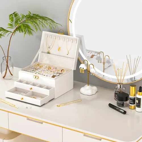 Vista 2 de Joyero de 3 capas, cajas grandes de joyería para mujeres, organizador y almacenamiento, estilo moderno, blanco y dorado, regalos de Navidad