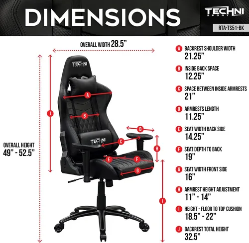 Vista 3 de Techni Sport RTA-TS51-BK - Silla para juegos, color negro Adjustable lumbar support, adjustable armrests, carbon fiber look, 300 lb capacity