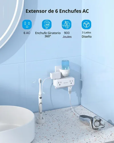 Vista 2 de TROND Extensor de toma de corriente con enchufe giratorio 360, divisor de enchufe de 3 vías con 6 enchufes a tierra, protector de sobretensiones