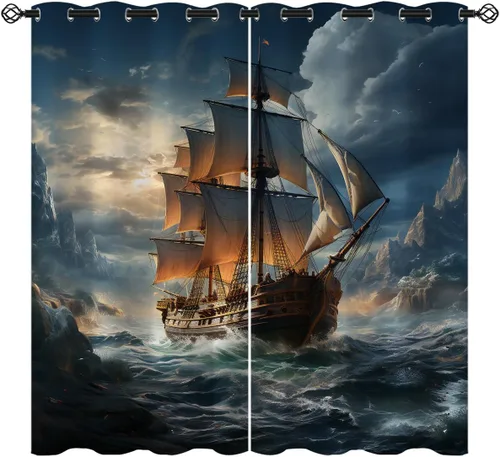 Vista 10 de Cortinas opacas de pulpo náutico para niñas y niños, decoración del hogar, con ojales de animales piratas del océano Kraken, cortinas