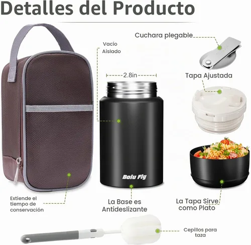 Vista 7 de Contenedor de alimentos aislado de 18 onzas con cuchara y bolsa aislada, termo de sopa para alimentos calientes, retención de calor de 10 horas