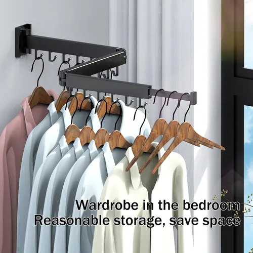 Vista 8 de HEILAIYI Estante de Secado de Ropa para Lavandería, Perchero de Ropa Montado en la Pared, Plegable, Retráctil, Plegable (Con Ganchos en Forma de J)