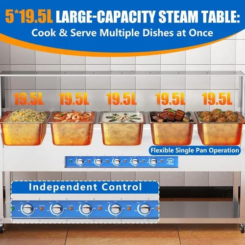 Vista 4 de TOPKITCH - Mesa de vapor eléctrica, 220 V, 5 sartenes independientes GN de 19.5 L (5 x 750 W), control de temperatura independiente, cubierta