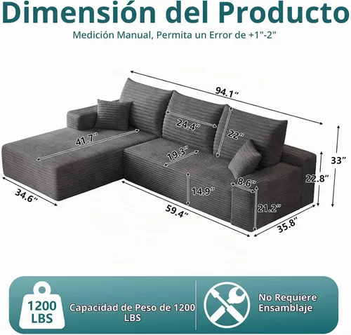 Vista 2 de Sofá modular de 95 pulgadas, sofá de nube en forma de L sin hueso con diván, asiento profundo tapizado de pana de espuma viscoelástica, no requiere