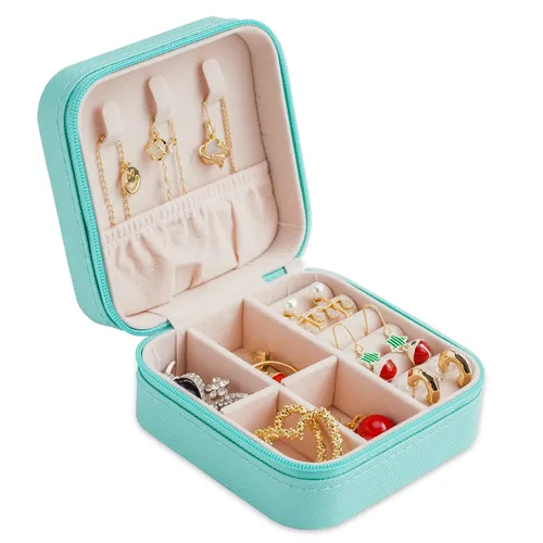 Vista 6 de Mini caja de joyería portátil de viaje de cuero organizador de anillos de joyería caja de regalo para niñas y mujeres azul