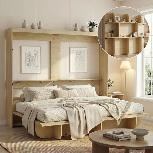 Vista 10 de Mjkone Cama Murphy de pared vertical Queen con estante de almacenamiento