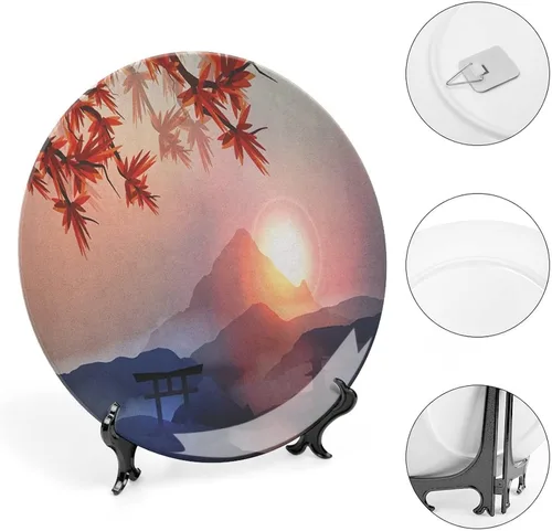 Vista 4 de XISUNYA Plato decorativo de 6 pulgadas, artesanía de cerámica asiática, majestuosos picos del Himalaya, cultura circular, impresión artística, placa
