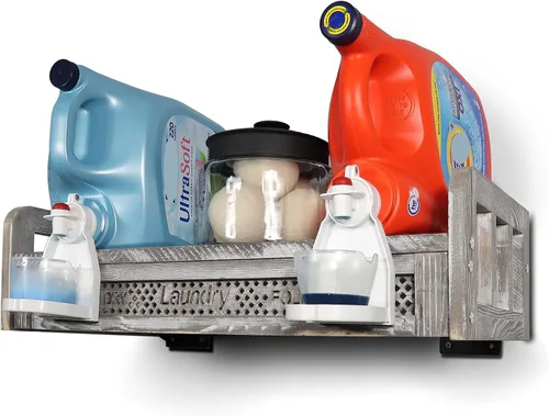 Vista 7 de Soporte de madera para detergente para ropa – Estante rústico de lavandería para dos botellas de detergente, almacenamiento y decoración