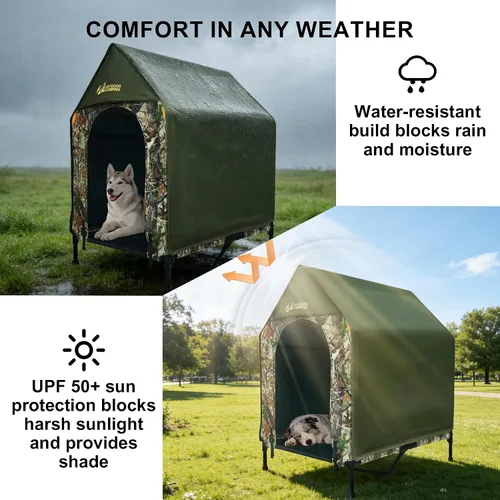 Vista 5 de Casa para perros al aire libre, perrera con toldo, tienda de campaña impermeable y transpirable para perros medianos, refugio plegable para perros