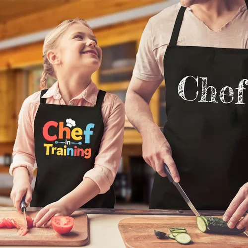 Vista 8 de Juego de Delantal y Gorro de Chef para Niños - Delantal de Cocina Ajustable para Niños con 2 Bolsillos, Negro, para Niños y Niñas de 3 a 8 Años