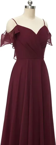 Vista 4 de kidadndy Vestidos de dama de honor de gasa con tirantes delgados, vestidos largos de fiesta de boda con abertura, mangas con volantes, vestidos