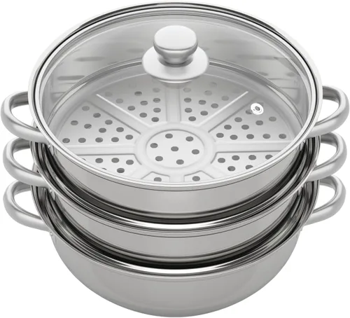 Vista 2 de Vaporizador de alimentos de 3 niveles para cocinar, vaporizador de acero inoxidable de 12.8 pulgadas con tapa para verduras, albóndigas, cangrejo