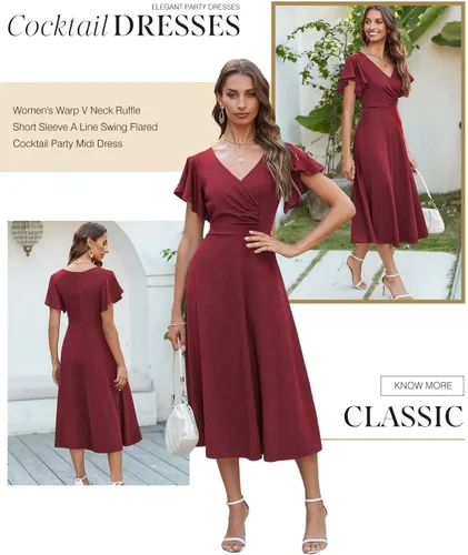 Vista 3 de Dokotoo Vestido de fiesta elegante con cuello en V para mujer, vestido de manga corta, vestido de patinadora, vestidos de invitados de boda