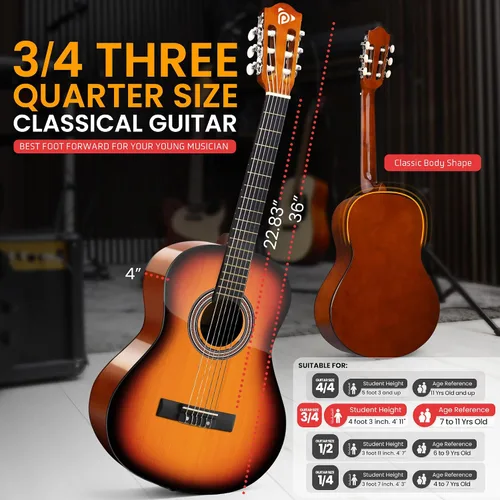 Vista 5 de Kit de guitarra acústica para principiantes Pyle, tamaño junior 3/4, instrumento completamente de madera con kit completo de accesorios, púas
