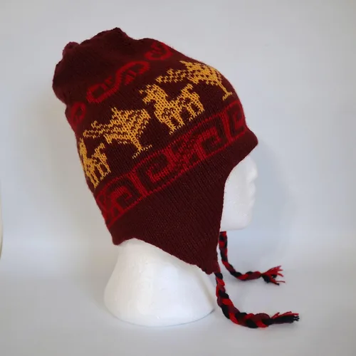 Vista 3 de Gorro de invierno con mezcla de lana de alpaca Chullo Peruano Inca Diseño Reversible con orejeras. Gorro de tamaño mediano, Unisex