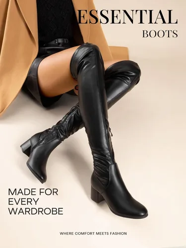 Vista 7 de DREAM PAIRS Laurence - Botas de tacón alto y grueso para mujer, por encima de la rodilla, largas, elásticas y sexis, para otoño