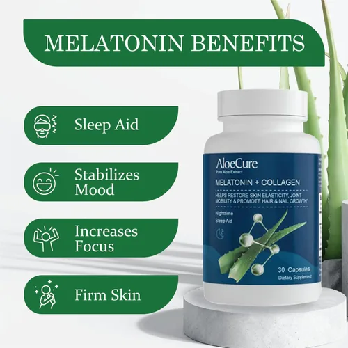 Vista 2 de AloeCure Melatonina natural + colágeno con aloe vera orgánico – Suplemento natural para dormir para noches reparadoras – Complejo de colágeno