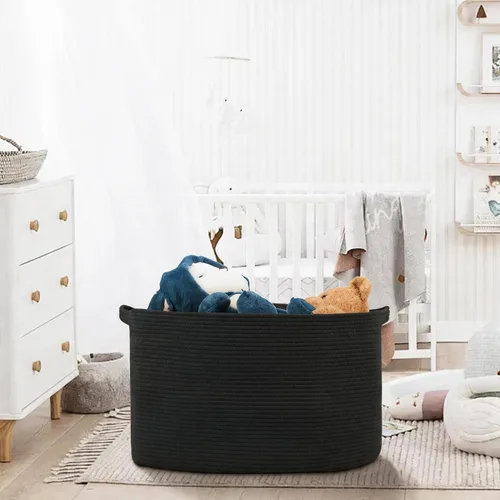 Vista 6 de MEGASKET Cesta extra grande para mantas, 23.6 x 17 x 12 pulgadas, almacenamiento de manta negra para sala de estar, soporte de almohada de cuerda