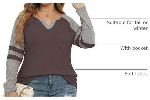 Vista 4 de VISLILY Camisetas de manga larga con cuello en V para mujer, camisetas raglán de talla grande