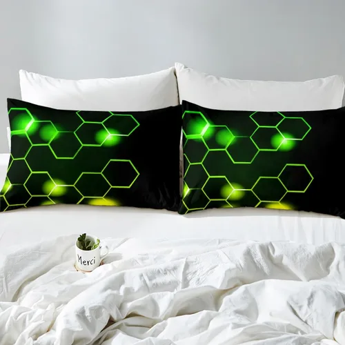 Vista 7 de Feelyou Juego de ropa de cama verde y negro tamaño individual para niños y adolescentes, juego de funda de edredón con temática hexagonal