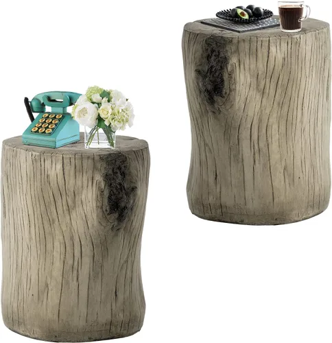 Vista 12 de HOMPUS Mesa auxiliar de hormigón para exteriores, mesa decorativa redonda moderna de tocón de árbol, soporte para maceta, taburete de jardín
