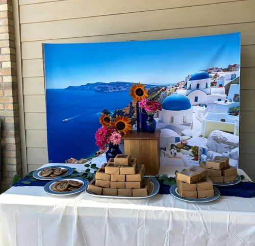 Vista 3 de Loccor Tapiz griego de la isla Santorini, edificio de pueblo griego de Oia, tapiz de pared costero azul, punto de referencia de Europa, para colgar