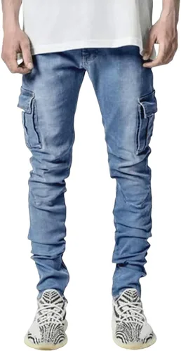 Vista 2 de ABSECAI Mens Fashion Slim Fit Skinny Hip Hop Cargo Straps Jeans