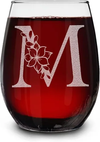 Vista 17 de Copa de vino sin tallo, con monograma floral, grabada con láser, 15 onzas, regalo inicial personalizado para ella (B)