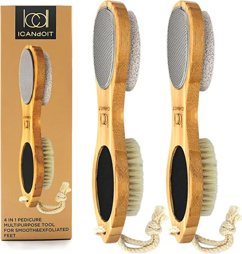 Vista 10 de ICDI ICANdOIT - Lima de bambú natural para pies, removedor de callos multiusos 4 en 1 pies, kit de pedicura con cepillo de cerdas de jabalí, piedra